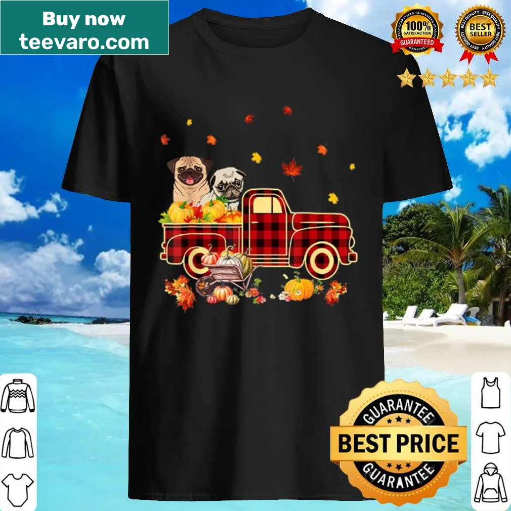 Pug in pumpkin truck with fall leaves design