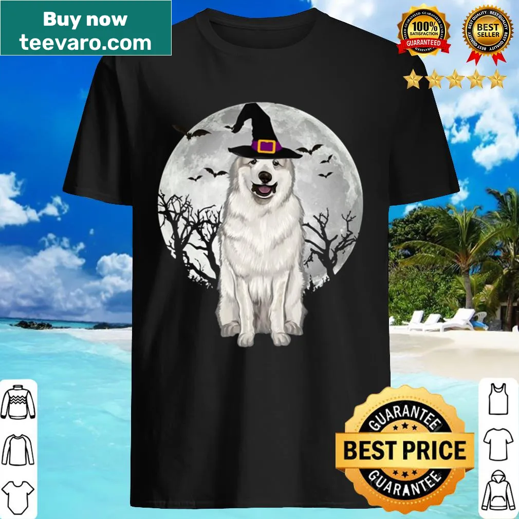 Cute shirt featuring a Great Pyrenees dog in a witch hat for Halloween.