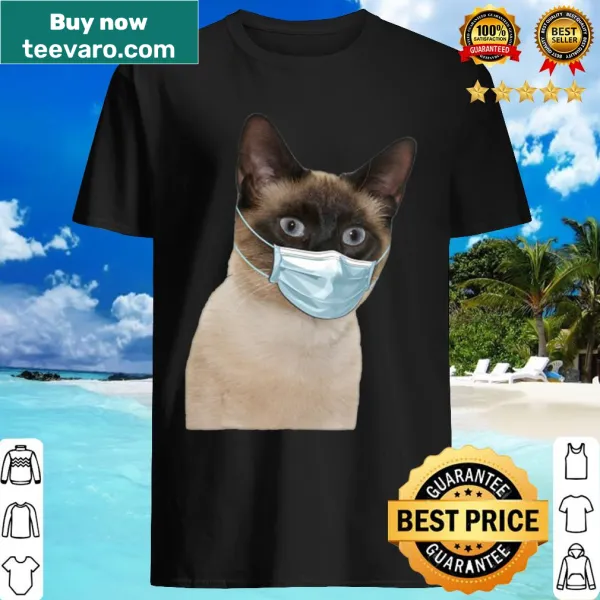 Siamese cat wearing a face mask in a humorous design