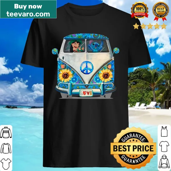 Illustrative shirt featuring Stitch, Lilo, and a peace-themed graphic