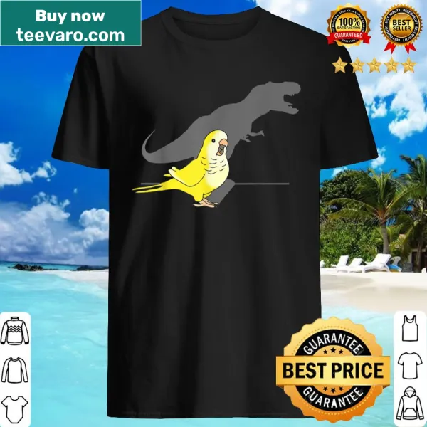 Funny t-shirt featuring a T-rex and yellow monk parakeet design
