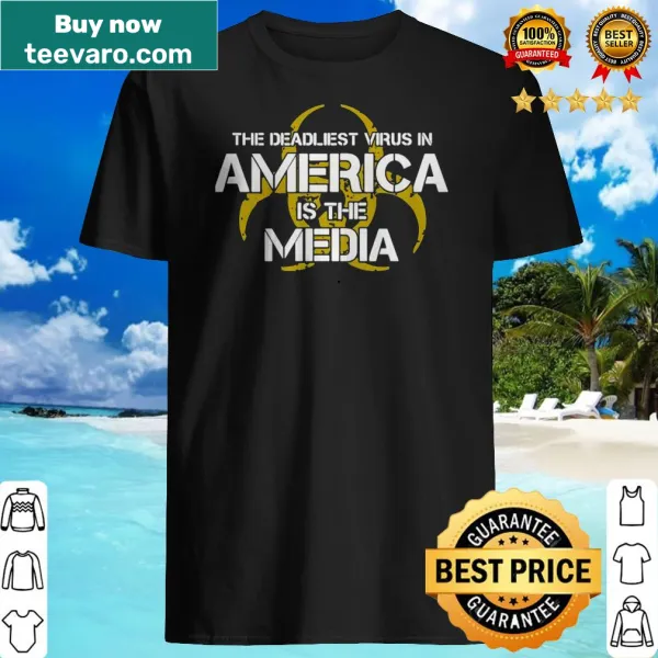 T-shirt featuring bold text about media influence as a virus