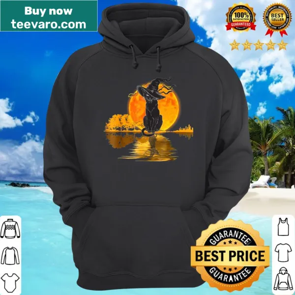 Vintage-style shirt featuring a black cat with a witch hat and moon