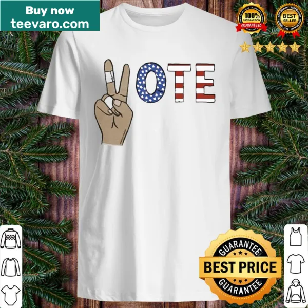 Graphic of a peace sign hand with American themes on T-shirt.