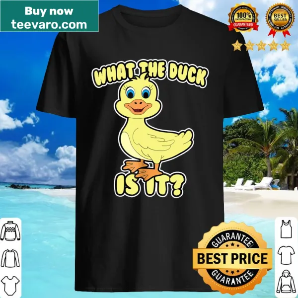 Funny baby shower shirt with 'What The Duck Is It' text