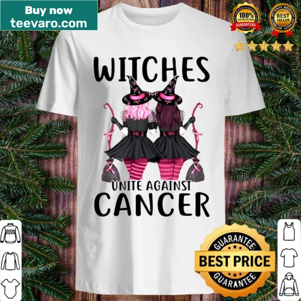 Whimsical witches Halloween tee advocating for cancer awareness.