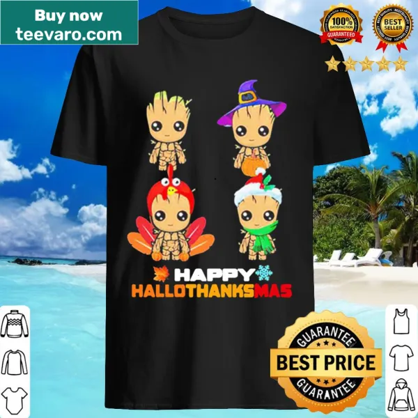 Baby Groot graphic celebrating Hallothanksmas on T-shirt