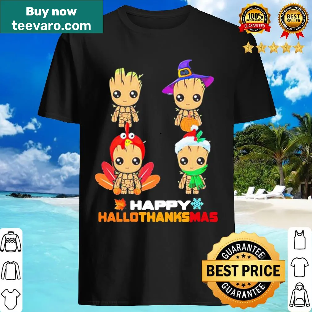 Baby Groot graphic celebrating Hallothanksmas on T-shirt