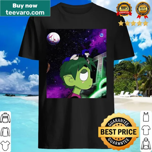Playful cartoon design featuring Beast Boy in a fun showdown