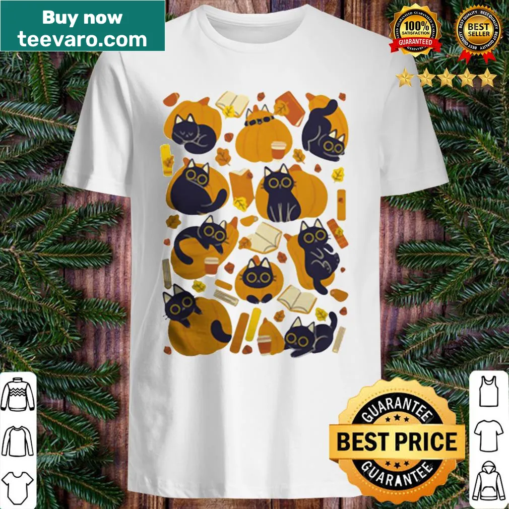 Cartoon cat with books and pumpkins for Halloween t-shirt
