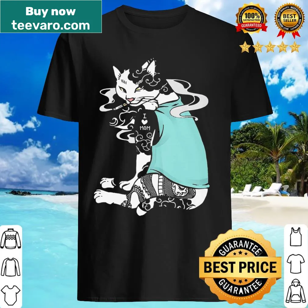 Funny shirt with tattooed cat and 'I Love Mom' text