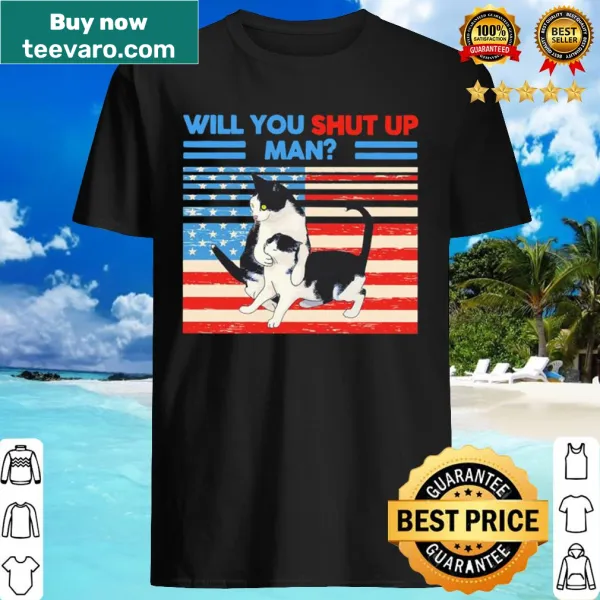 Text design featuring a humorous cat saying over an American flag.