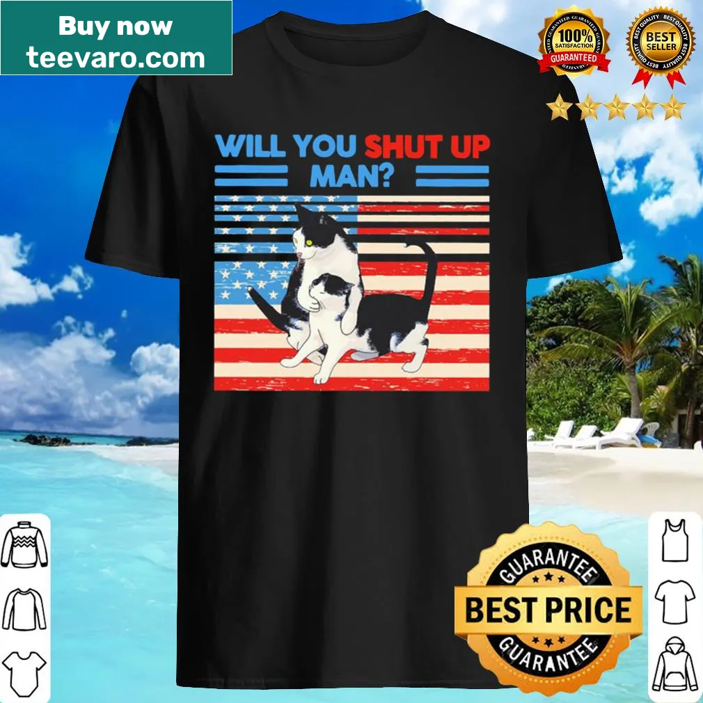 Text design featuring a humorous cat saying over an American flag.