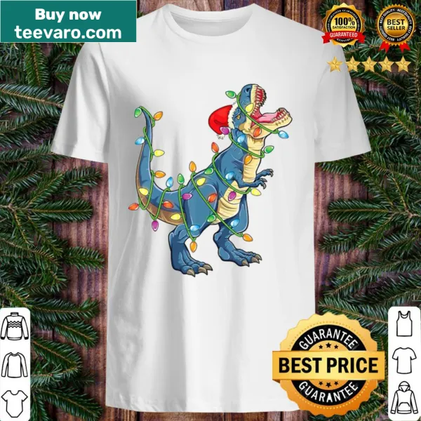 Funny T-Rex wearing Christmas decorations on a kids t-shirt