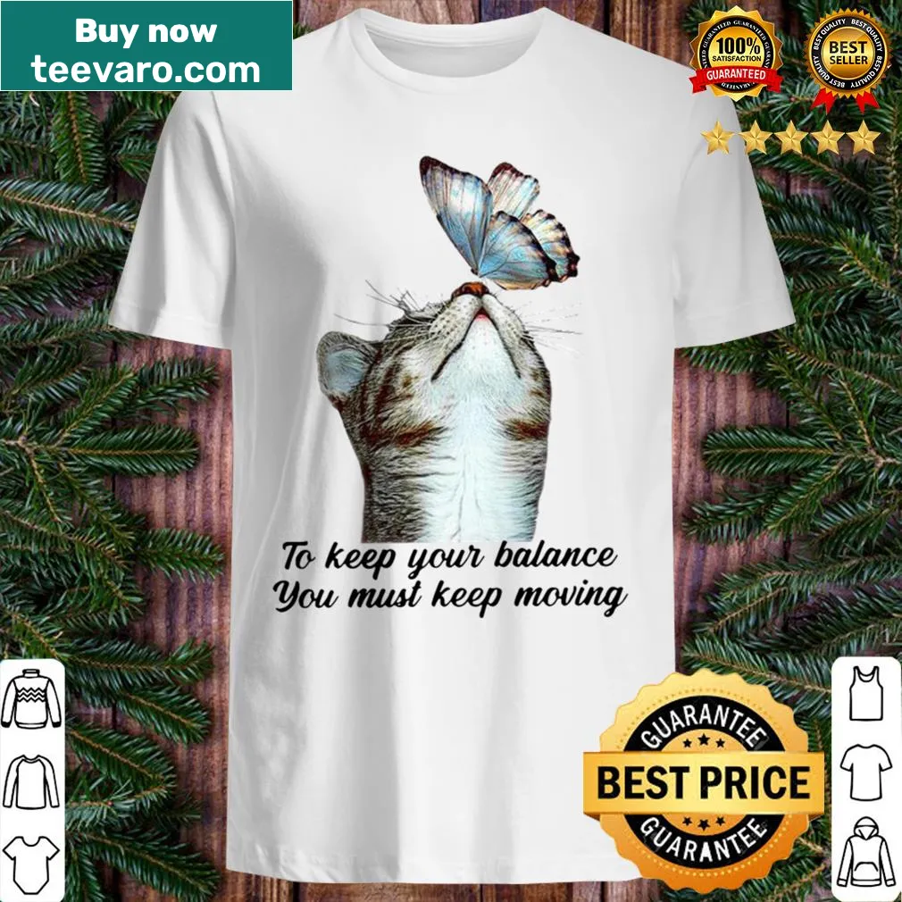 Illustration of a cat balancing with butterflies on a shirt