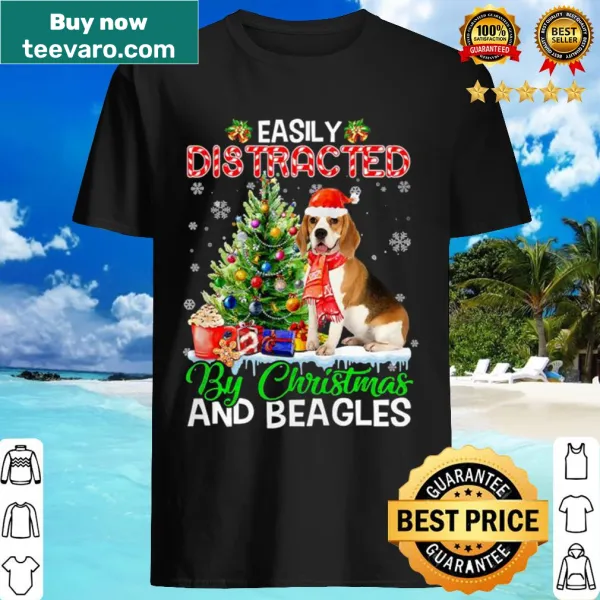 Vintage style shirt featuring the phrase Easily Distracted By Christmas and beagles.