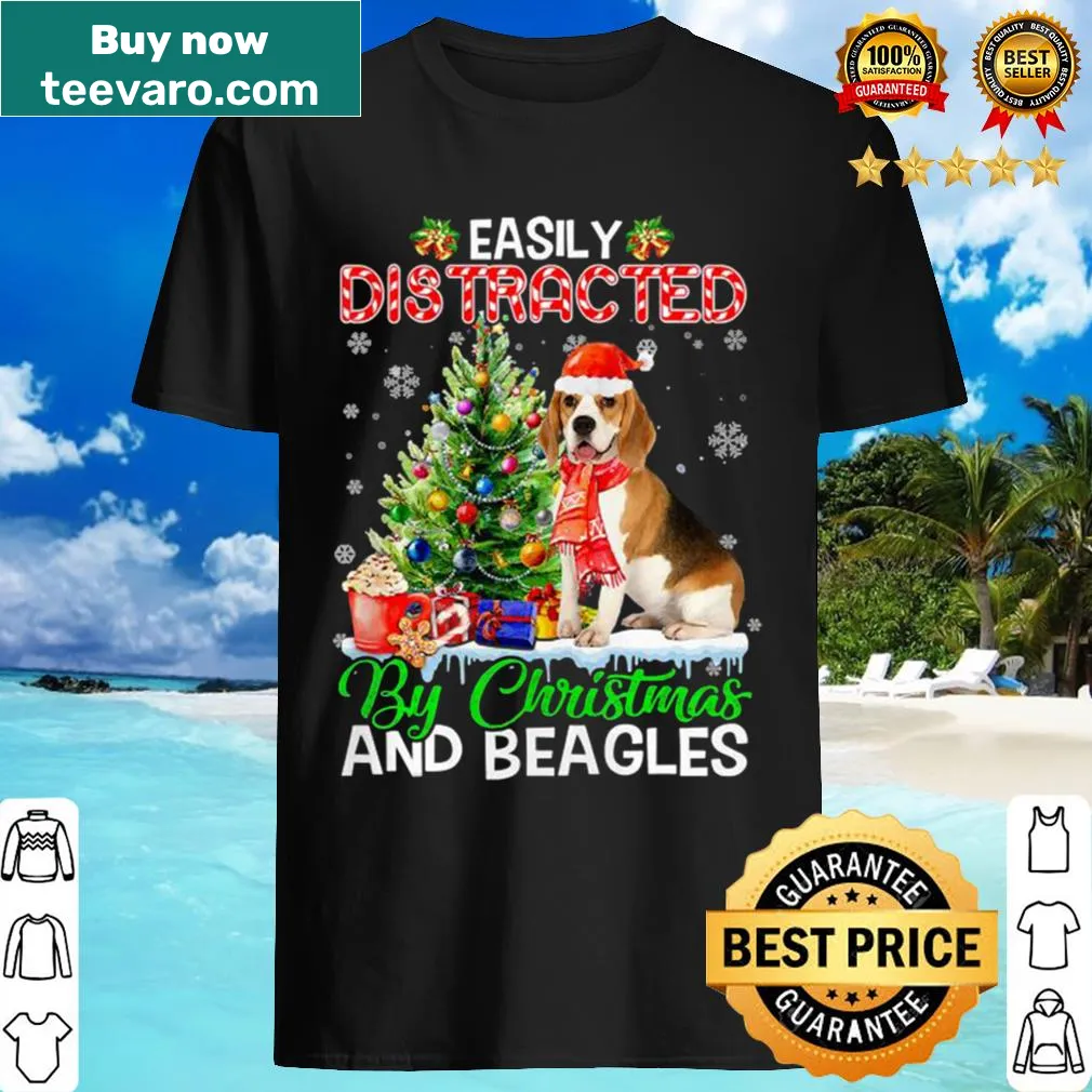 Vintage style shirt featuring the phrase Easily Distracted By Christmas and beagles.