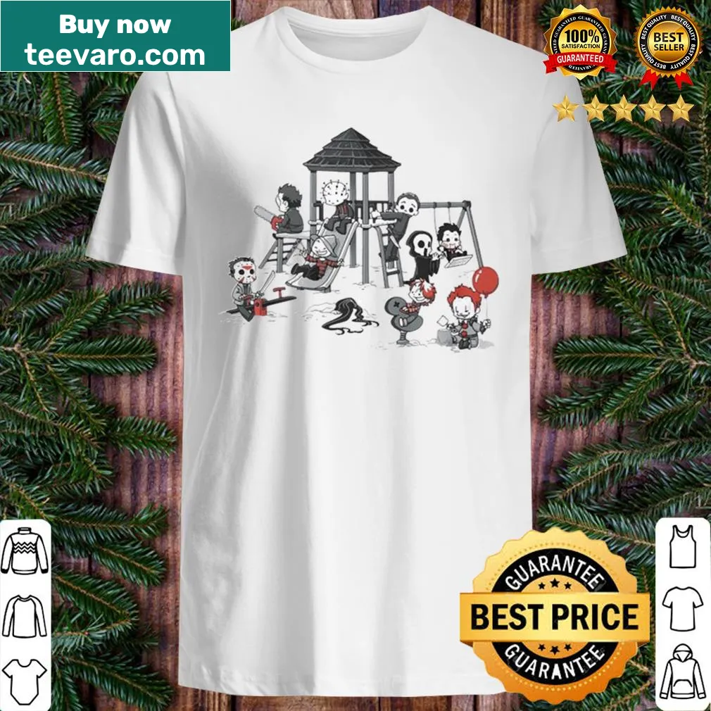 Cartoon-style Halloween T-shirt featuring classic horror movie characters.