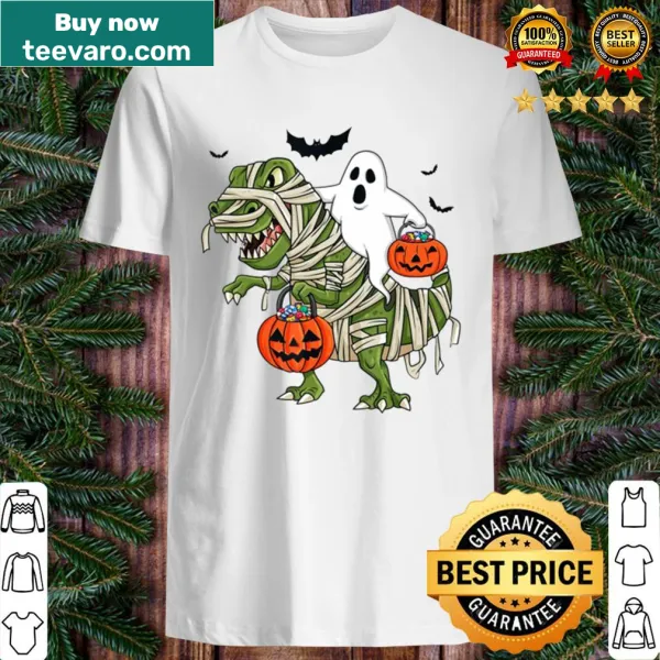 Funny Halloween T-shirt with a cartoon T-Rex ghost riding a bike
