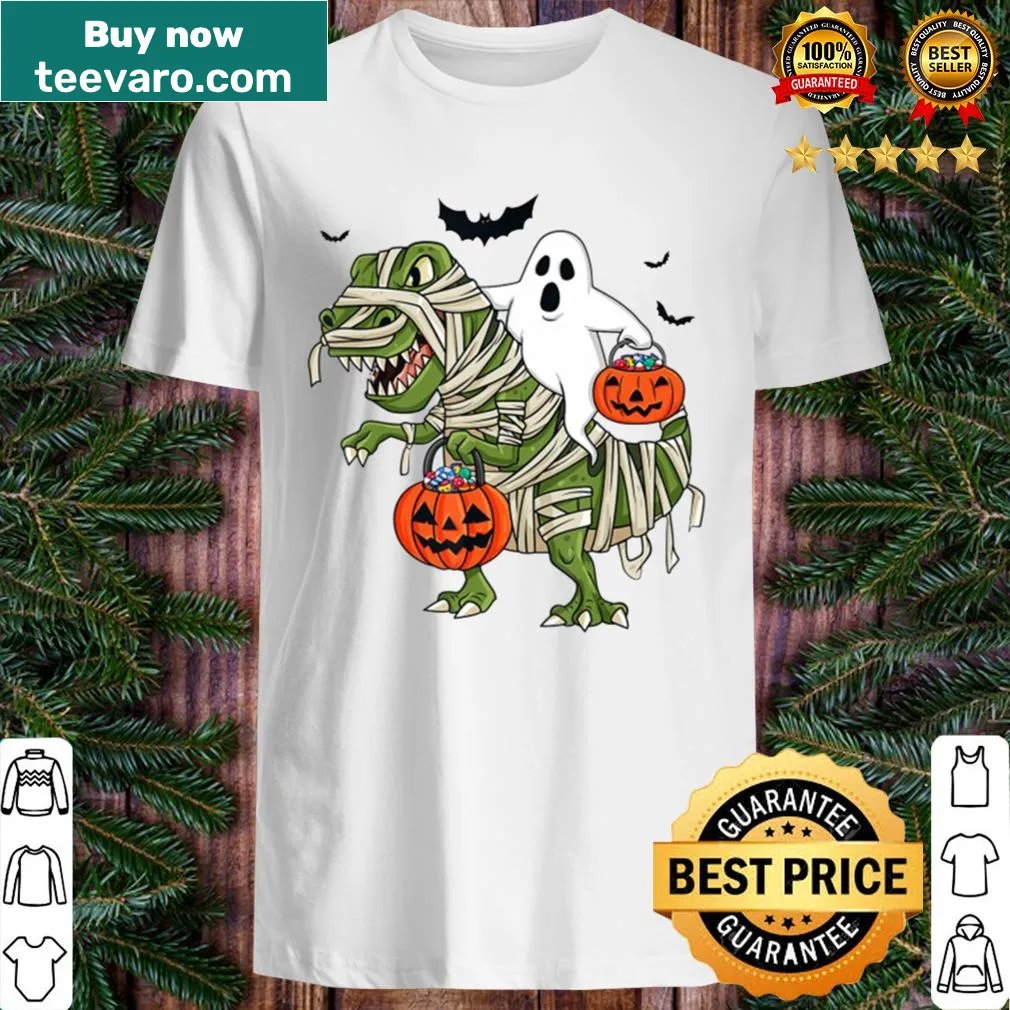 Funny Halloween T-shirt with a cartoon T-Rex ghost riding a bike