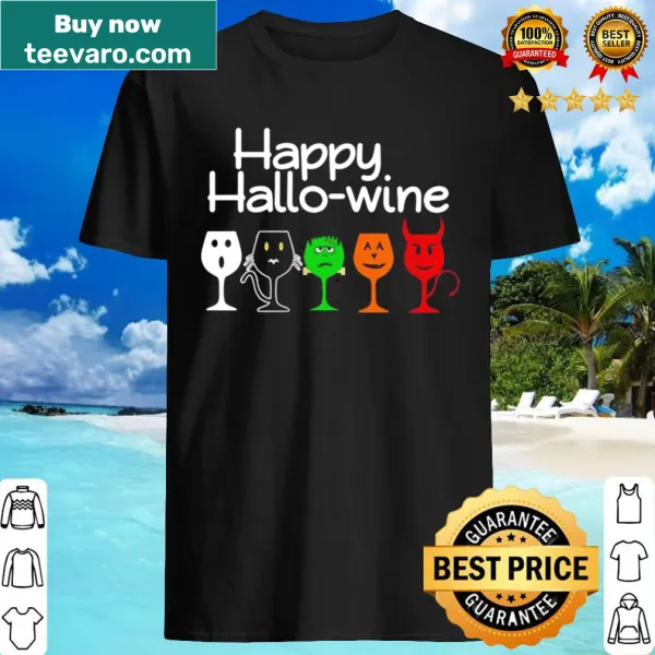 Halloween-themed shirt with wine glasses and Happy Hallo-wine text