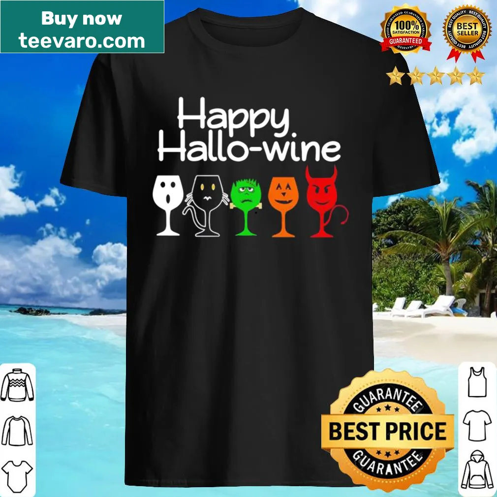 Halloween-themed shirt with wine glasses and Happy Hallo-wine text