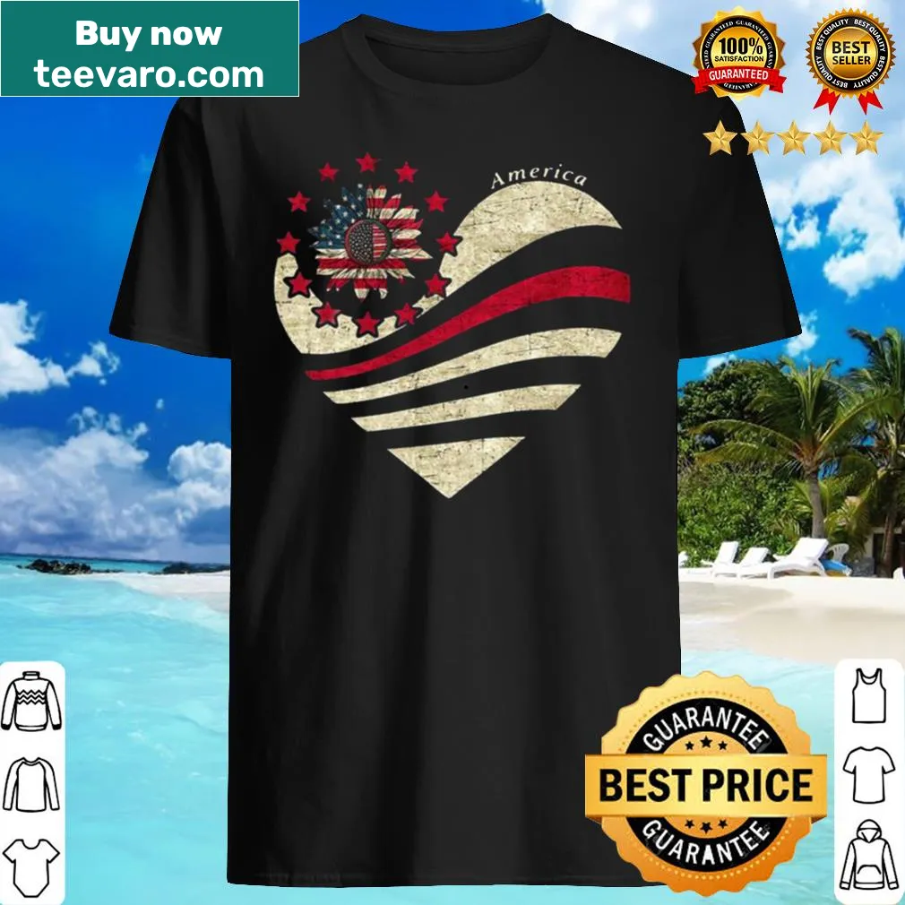 Heart-shaped sunflower with American flag design t-shirt.