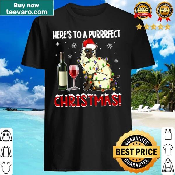Funny Christmas shirt with a Siamese cat holding a wine glass