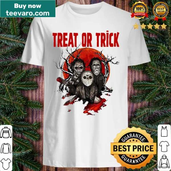 T-shirt featuring playful horror characters for Halloween treats or tricks.