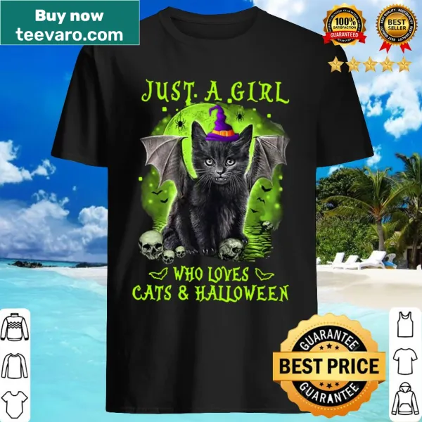 Cute shirt with a graphic of a cat and Halloween elements.