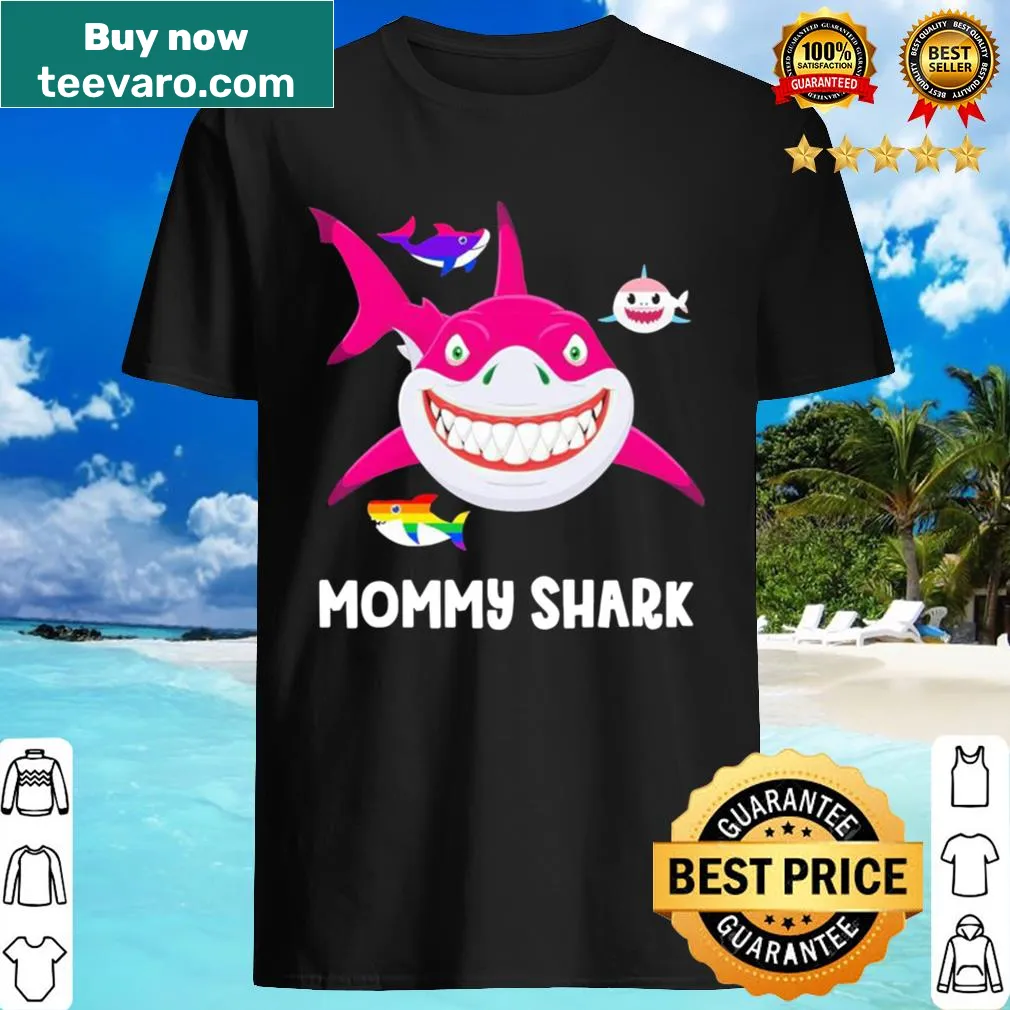 Humorous LGBT Mommy Shark shirt with playful text and shark graphic