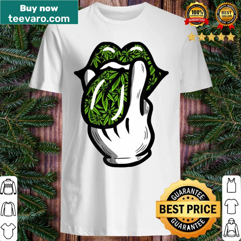 Marijuana leaf pattern with text on cannabis-themed shirt