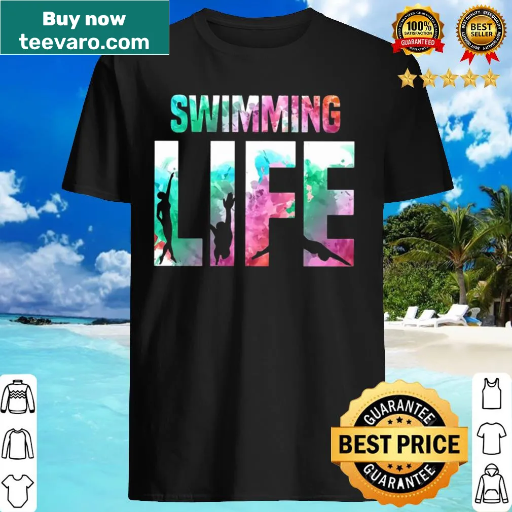 Inspirational swimming shirt with the word 'Life' and graphic