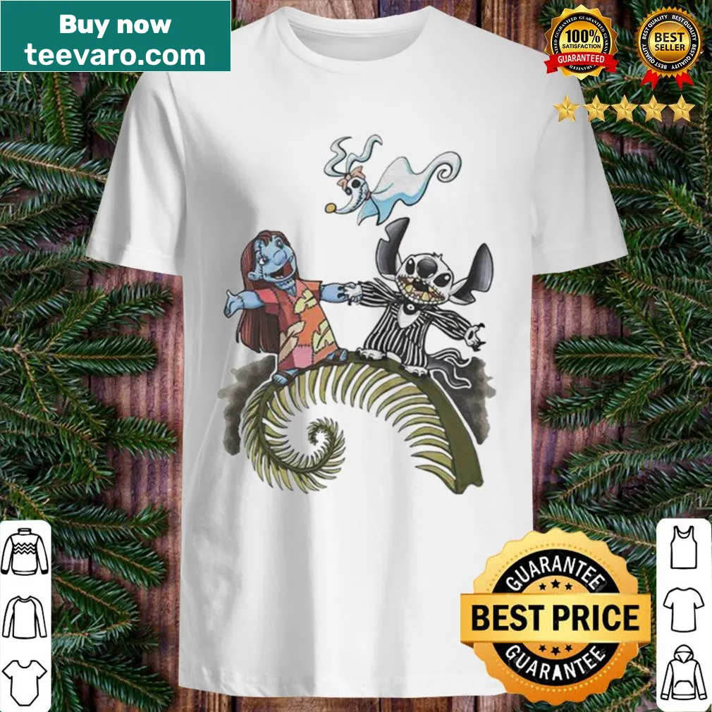 Mashup shirt featuring Lilo, Stitch, Jack Skellington, and Sally.