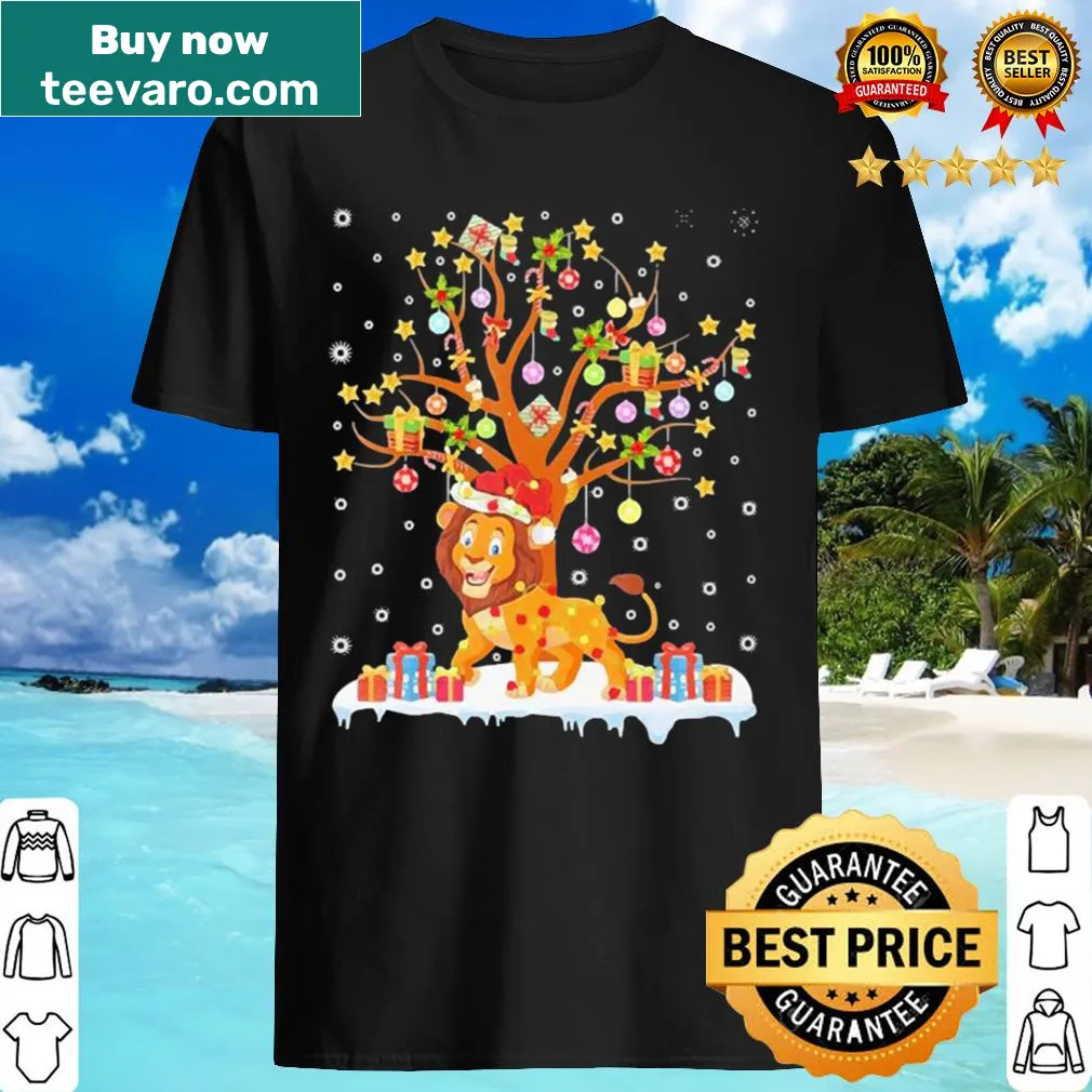 Lion decorating a Christmas tree on a festive T-shirt
