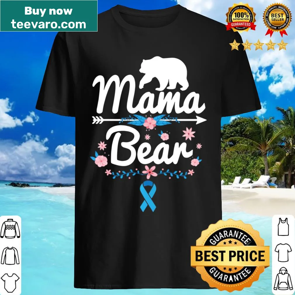 Mama bear graphic with blue ribbon for colon cancer awareness
