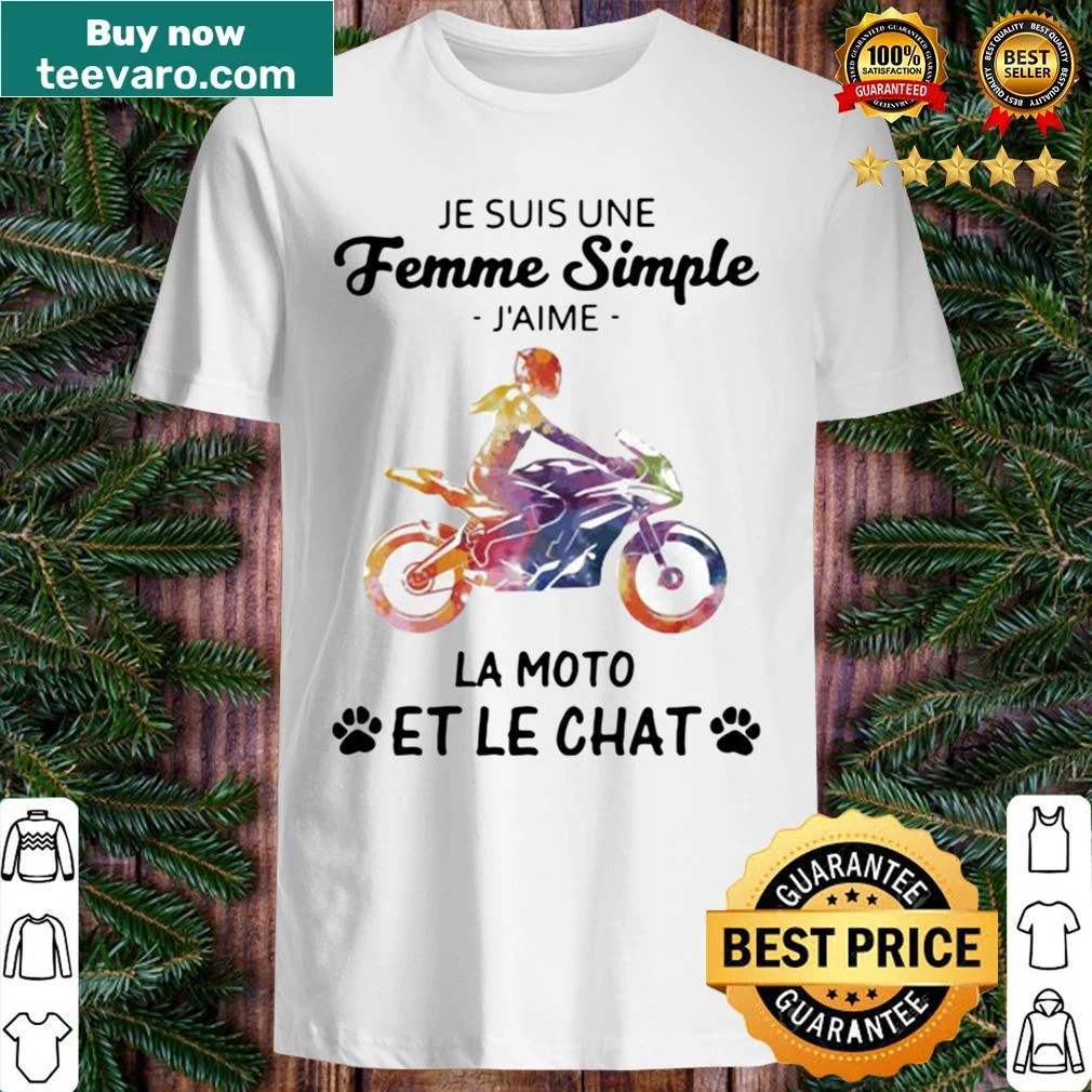 T-shirt with French text expressing love for motorcycles and cats