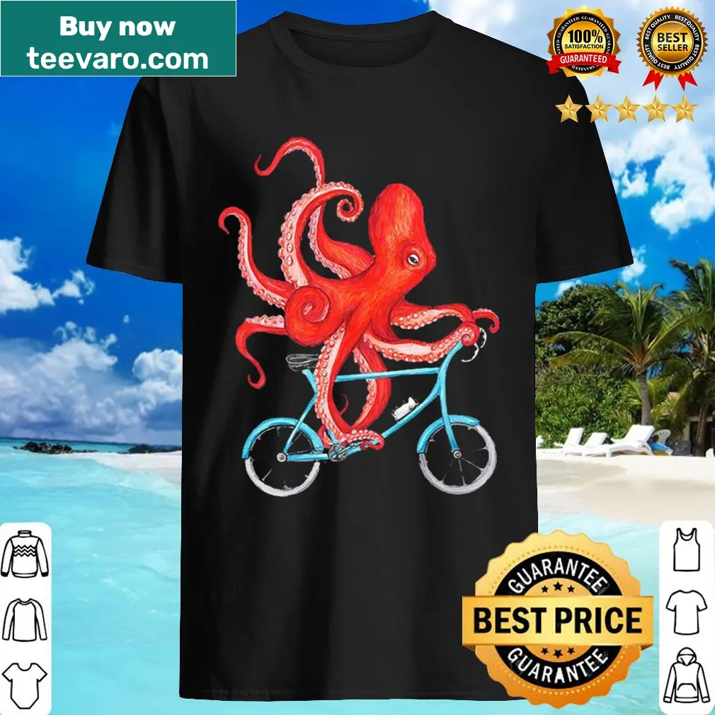 Illustration of an octopus riding a bicycle in a fun design