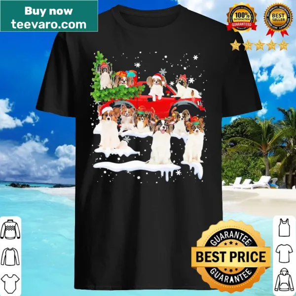 T-shirt featuring Papillons dogs in Santa attire for Christmas