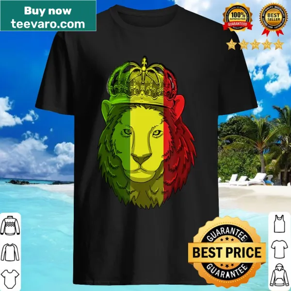 Lion graphic with Rasta elements on a cannabis-themed shirt.