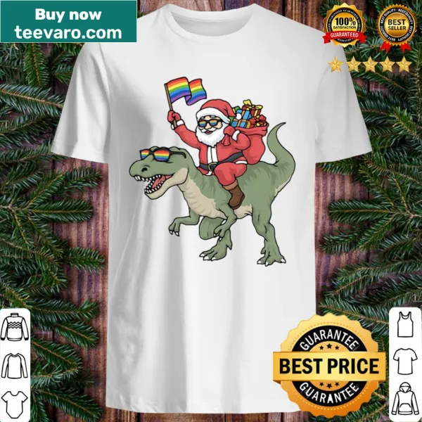 Funny shirt featuring Santa riding a dinosaur