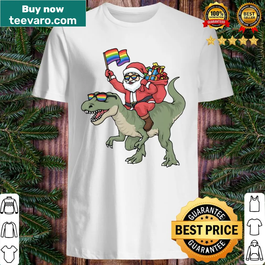 Funny shirt featuring Santa riding a dinosaur