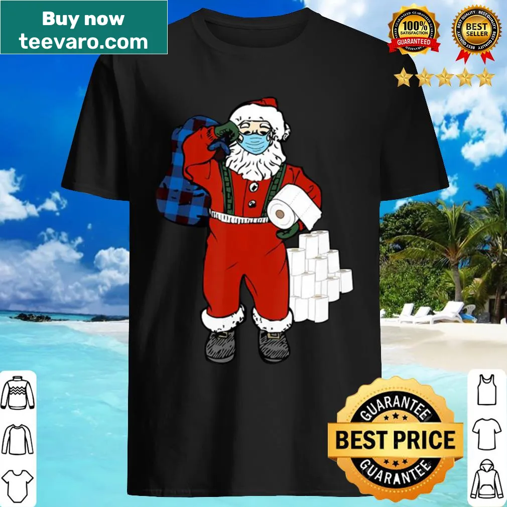 Santa in a face mask with toilet paper graphic t-shirt