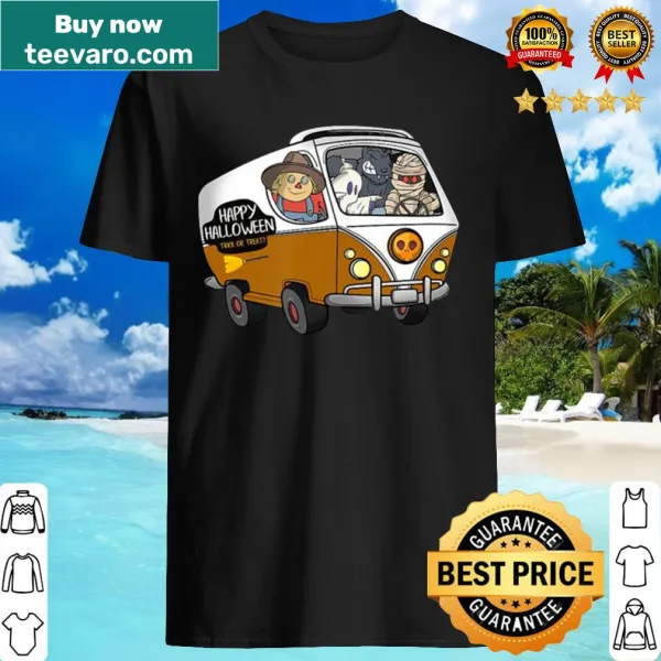Cartoon Halloween design featuring scarecrow, mummy, werewolf, ghost, and a van.