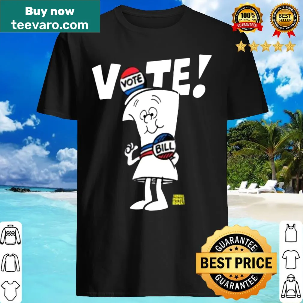 Vintage-inspired shirt promoting voting, inspired by Schoolhouse Rock with playful graphics.