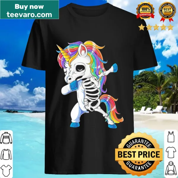 Quirky shirt featuring a dabbing skeleton unicorn graphic.