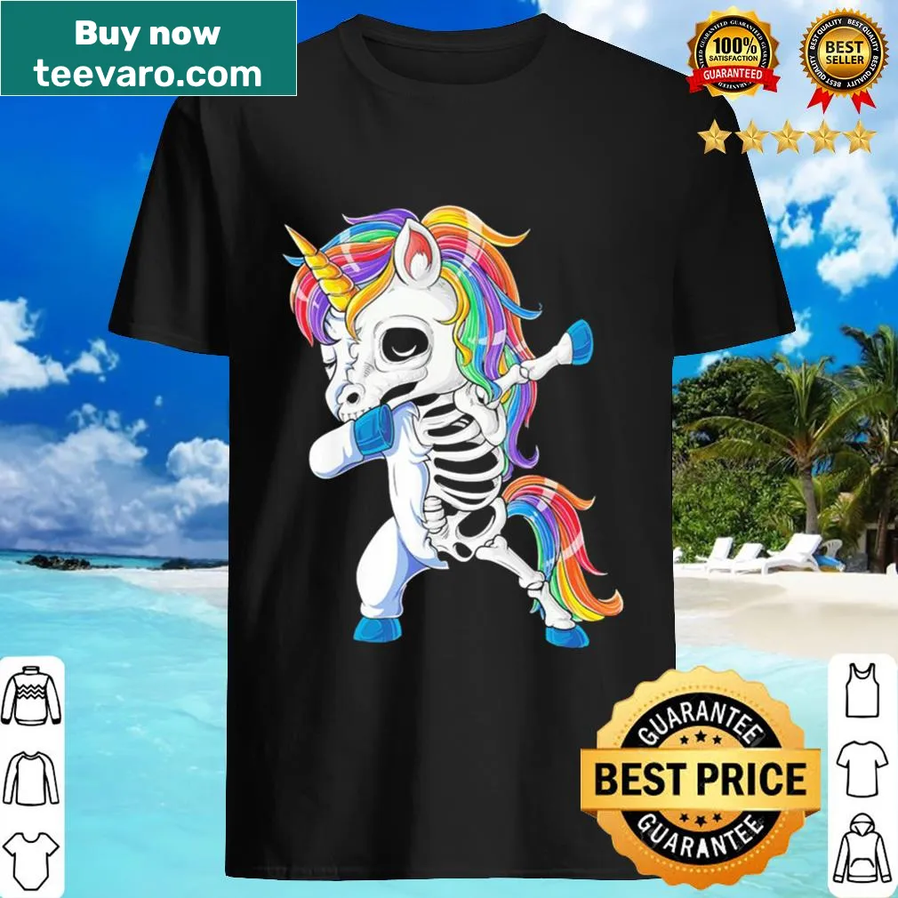 Quirky shirt featuring a dabbing skeleton unicorn graphic.
