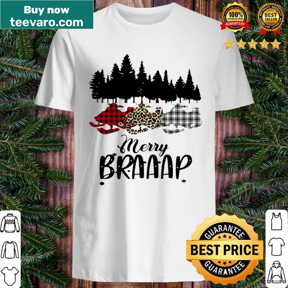 Fun 'Merry Braaap' slogan on a snowmobile-themed shirt for enthusiasts.