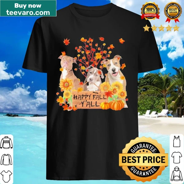 Happy Staffordshire terrier surrounded by autumn leaves on shirt