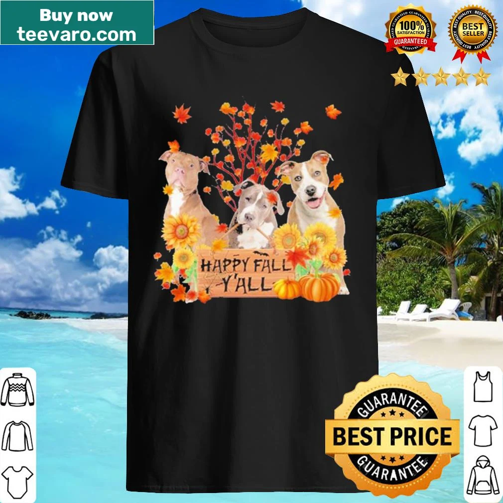 Happy Staffordshire terrier surrounded by autumn leaves on shirt